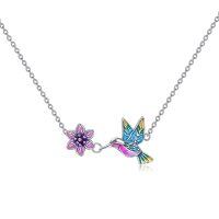 wholesale 925 Sterling Silver Rainbow Hummingbird & Flower Charm Necklace for Women- Rhodium Plated