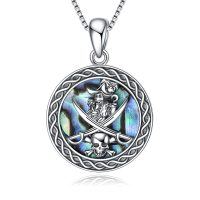 wholesale 925 Sterling Silver Pirate Skull & Crossbones Abalone Shell Pendant Necklace for Women- Oxidized/Oxidised