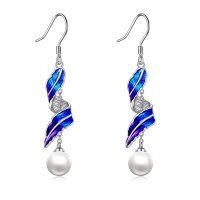 wholesale 925 Sterling Silver Blue Enamel Feather Pearl Dangle Earrings for Women- Rhodium Plated