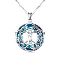 wholesale 925 Sterling Silver Round Blue Crystal Celtic Knot Pendant Necklace for Women- Rhodium Plated
