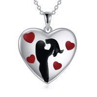 wholesale 925 Sterling Silver Heart-Shaped Love Couples Pendant Necklace with Red Hearts and Black Silhouette Design for Women- Rhodium Plated