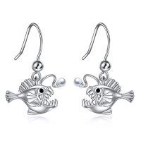 wholesale 925 Sterling Silver Blue Opal Hook Earring with Angler Fish Design- Rhodium Plated