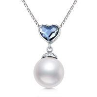 wholesale 925 Sterling Silver Blue Crystal & White Pearl Heart Pendant Necklace for Women- Rhodium Plated