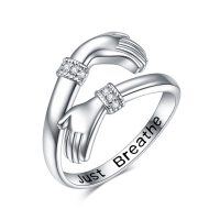 wholesale 925 Sterling Silver Just Breathe Adjustable Ring with Hand Design and Cubic Zirconia Stones for Women- Rhodium Plated