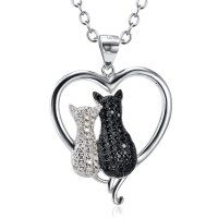 wholesale 925 Sterling Silver Heart-Shaped Black and White Cats CZ Pendant with 2-Tone Rolo Chain Necklaces for Women- Two Tone