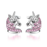wholesale 925 Sterling Silver Pink Crystal Unicorn Stud Earrings for Girls and Women- Rhodium Plated