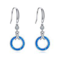 wholesale 925 Sterling Silver Round Blue Opal Dangle Earrings for Women- Rhodium Plated