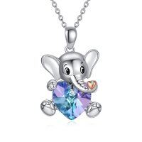 wholesale 925 Sterling Silver Purple Crystal Elephant Love Heart Pendant Necklace- Rhodium And Rose Gold Plated