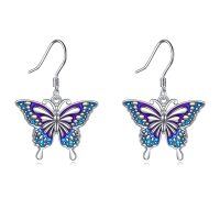 wholesale 925 Sterling Silver Blue & Purple Enamel Butterfly Dangle Earrings for Women- Rhodium Plated