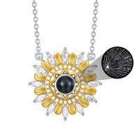 wholesale 925 Sterling Silver 925 Multilingual I Love You Sunflower Pendant Necklace with Black Stone and Gold Accents for Women- Rhodium And Gold Plated