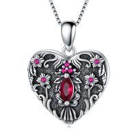 wholesale 925 Sterling Silver Ruby Heart-Shaped Pendant with Floral Design and Cross Charm Necklace for Women- Oxidized/Oxidised