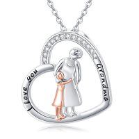 wholesale 925 Sterling Silver Heart Pendant with Grandma and Granddaughter Figurine - Love You Forever Necklace for Women's Valentines Day Gifts- Two Tone