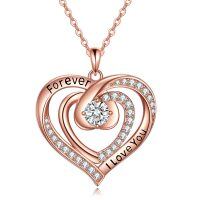 wholesale Rose Gold Plated 925 Sterling Silver Forever I Love You Double Heart Pendant Necklace for Women- Rose Gold Plated