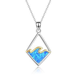 Sterling Silver Blue Opal Ocean Wave Pendant Necklace-0