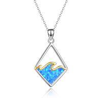 wholesale 925 Sterling Silver Blue Fire Opal Wave Pendant Necklace - Ocean Inspired Jewelry for Women's Gifts- Rhodium Plated