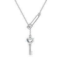 wholesale 925 Sterling Silver Heart-Shaped Key Pendant Lariat Necklace for Women- Rhodium Plated