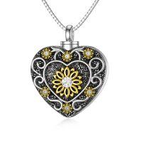 wholesale 925 Sterling Silver Sunflower Heart Urn Pendant with Cubic Zirconias and Gold Accents- Oxidized/Oxidised