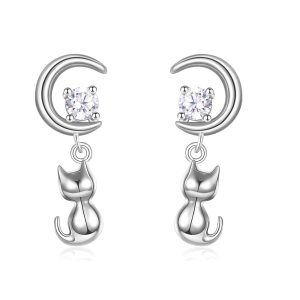 Sterling Silver Moon Cat Drop Earrings-0