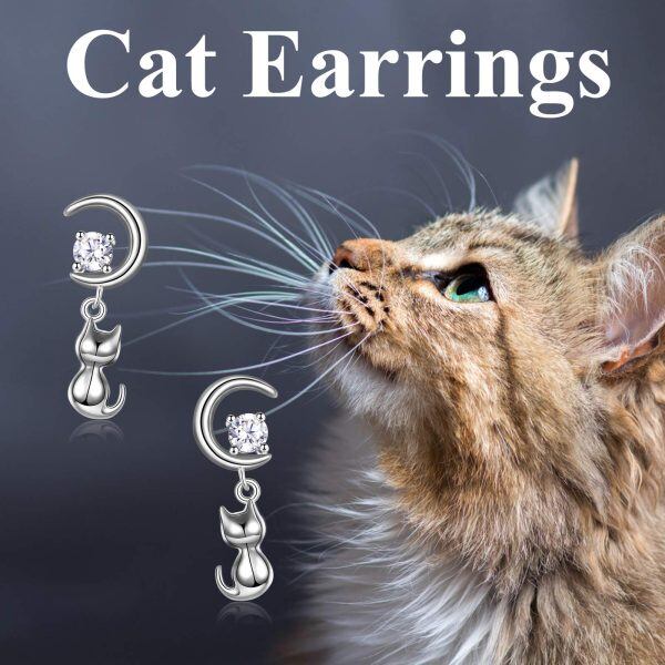 Sterling Silver Moon Cat Drop Earrings-2