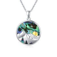 wholesale 925 Sterling Silver Round Abalone Shell Mountain Scene Pendant Necklace for Women- Rhodium And Gold Plated