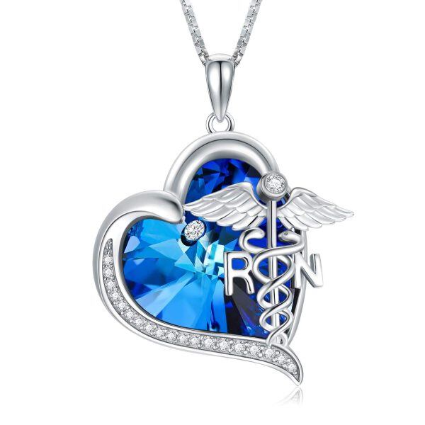 Sterling Silver RN Caduceus Pendant Necklace With Blue Crystal-0