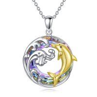 wholesale 925 Sterling Silver Dolphins Rainbow Crystal Pendant Necklace for Women- Rhodium And Gold Plated