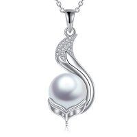 wholesale 925 Sterling Silver Moon & Leaf Design with White Pearl Pendant Necklace for Women- Rhodium Plated