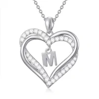 wholesale 925 Sterling Silver CZ Heart Initial Pendant Necklace M Letter- Rhodium Plated