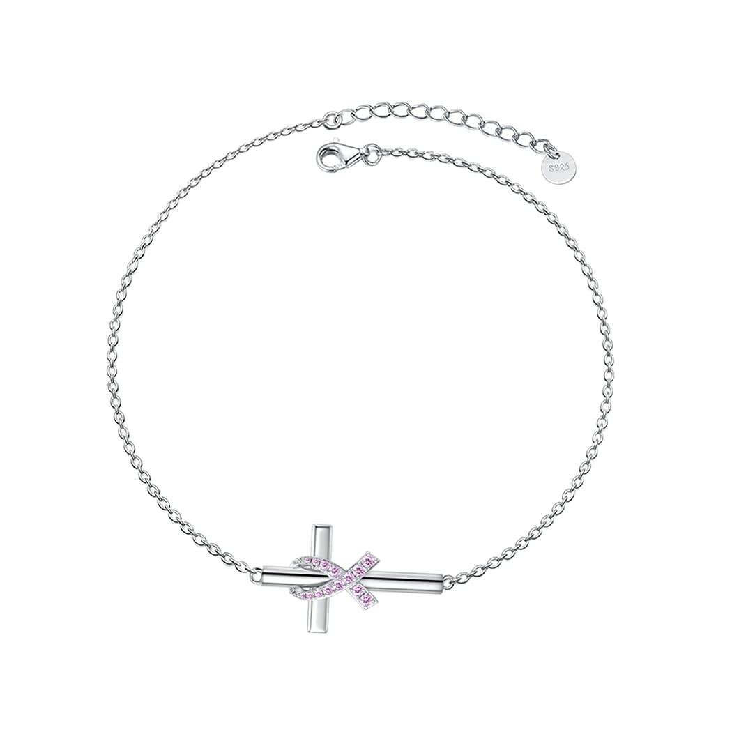 wholesale Sterling Silver Pink Ribbon Breast Cancer Awareness Bracelet Cross for Women Survivors - Rhodium Plated- Rhodium Plated