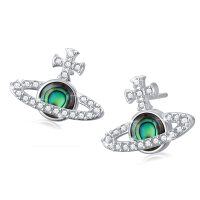 wholesale 925 Sterling Silver Abalone Shell Cross Saturn Planet Stud Earrings for Women- Rhodium Plated