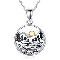 wholesale 925 Sterling Silver Mountain Landscape Gold Sun Charm Pendant Necklace- Oxidized/Oxidised