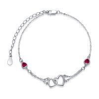 wholesale 925 Sterling Silver Red Crystal Heart Charm Ankle Anklet for Women- Rhodium Plated