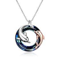 wholesale 925 Sterling Silver Blue Crystal Dolphins Pendant Necklace for Mom & Daughter Gifts- Two Tone
