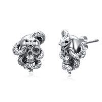 wholesale 925 Sterling Silver Snake and Skull Stud Earrings with Horns for Women & Men- Oxidized/Oxidised