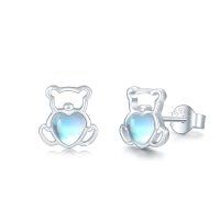 wholesale 925 Sterling Silver Heart-Shaped Moonstone Teddy Bear Stud Earrings for Women- Rhodium Plated