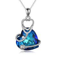 wholesale 925 Sterling Silver Blue Crystal Stethoscope Heart Pendant Necklace Gift for Nurses and Graduates- Rhodium Plated