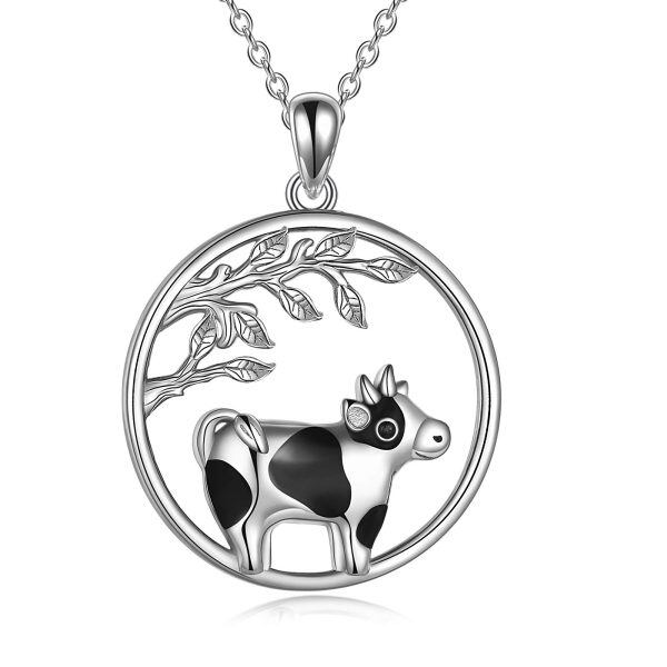 Sterling Silver Enamel Cow Pendant Necklace-0