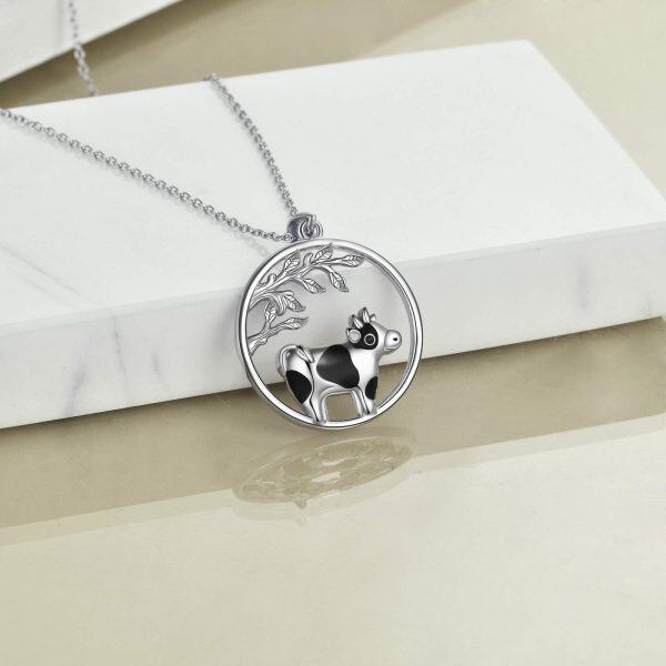 Sterling Silver Enamel Cow Pendant Necklace-4