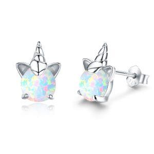 Sterling Silver Opal Unicorn Stud Earrings-0