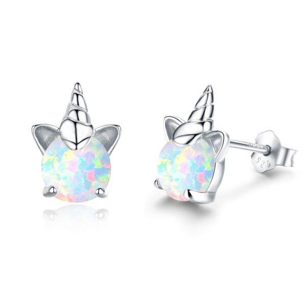 Sterling Silver Opal Unicorn Stud Earrings-0