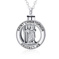 wholesale 925 Sterling Silver Saint Christopher Protect Us Cremation Jewelry Keepsake Urn Locket Necklace with Chain and Velvet Pouch (Medium)- Rhodium Plated