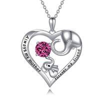 wholesale 925 Sterling Silver Pink Sapphire Heart-Shaped Elephant Pendant Necklace for Mother's Day Gift- Rhodium Plated