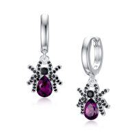 wholesale 925 Sterling Silver Spider Drop Earrings with Purple Stones - Halloween Jewelry for Women- White Gold Rhodium Plated