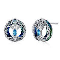 wholesale 925 Sterling Silver Celtic Knot Tree of Life Blue Crystal Stud Earrings for Women- White Gold Rhodium Plated