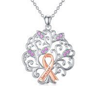wholesale 925 Sterling Silver Pink Crystal Survivor Ribbon Tree of Life Pendant Necklace- Rhodium And Rose Gold Plated