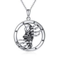 wholesale 925 Sterling Silver Gothic Skeleton Skull Pendant Necklace for Women and Men - Halloween - Oxidized/Oxidised