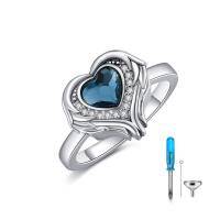 wholesale Sterling Silver with Austrian Crystals Angel Wings Heart Cremation Urn Ring - US # 7- US # 7