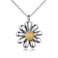 wholesale 925 Sterling Silver Daisy Flower Urn Pendant Keepsake Memorial Jewelry for Ashes - 3D Design with Gold Accents- Two Tone