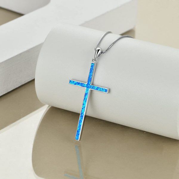 Sterling Silver Blue Opal Cross Pendant Necklace-4