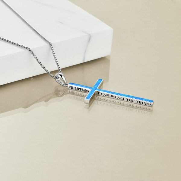 Sterling Silver Blue Opal Cross Pendant Necklace-5